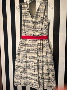 Fervour by ModCloth Cream Sheet-Music Midi Dress with Red Sash 50s Pin-Up Retro